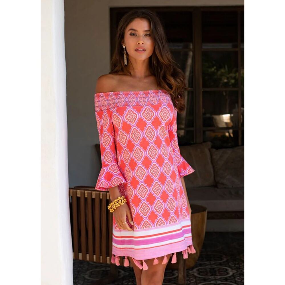 Cabana Life Coral Geo Off Shoulder Coverlux Smocked Mini Dress Pink Womens S NWT - Picture 2 of 13